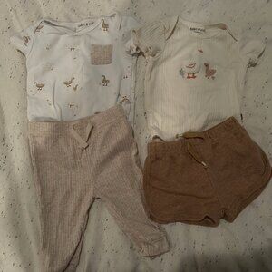 Rabbit + Bear organic onesies & bottoms, 6-9 months, duck patterns